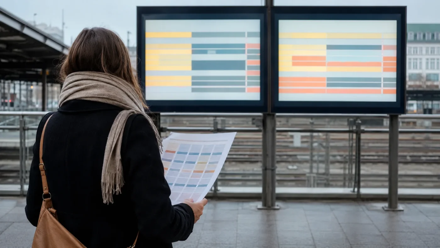 Reisende vergleicht abstrakte Verfügbarkeiten an einem Bahnhof