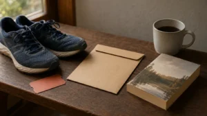 Laufschuhe, Buch, Kaffee und Veranstaltungsticket neben einem Budgetumschlag