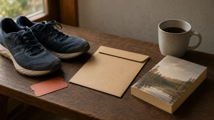 Laufschuhe, Buch, Kaffee und Veranstaltungsticket neben einem Budgetumschlag