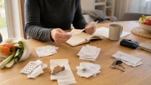 Sortierte Haushaltsbelege und getrennte Kostenanteile für mehrere Personen
