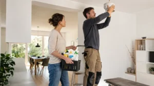 Haushalt und Dienstleister prüfen eine ausgeführte Arbeit in der Wohnung