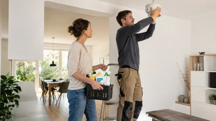 Haushalt und Dienstleister prüfen eine ausgeführte Arbeit in der Wohnung