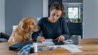 Hund neben Tierarztunterlagen und Rücklage für unerwartete Behandlungskosten