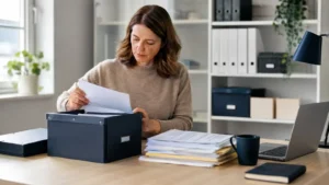 Kontoinhaberin archiviert Unterlagen eines geschlossenen Tagesgeldkontos