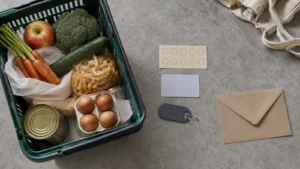 Einkaufskorb neben neutralen Treuekarten und einem verschlossenen Datenumschlag