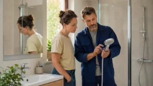 Sanitärfachkraft und Bewohnerin prüfen Durchfluss und Duscharmatur