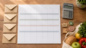 Monatskalender mit vier Umschlägen für getrennte Wochenbudgets
