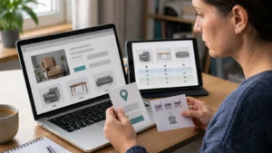 Kundin vergleicht Shopadresse, Preise und verfügbare Zahlarten
