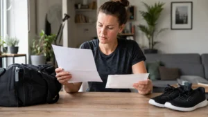 Sportlerin vergleicht Fitnessvertrag und Krankheitsnachweis