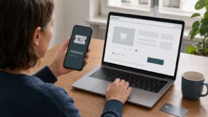 Kundin prüft einen Rabattcode nur im selbst geöffneten Shop