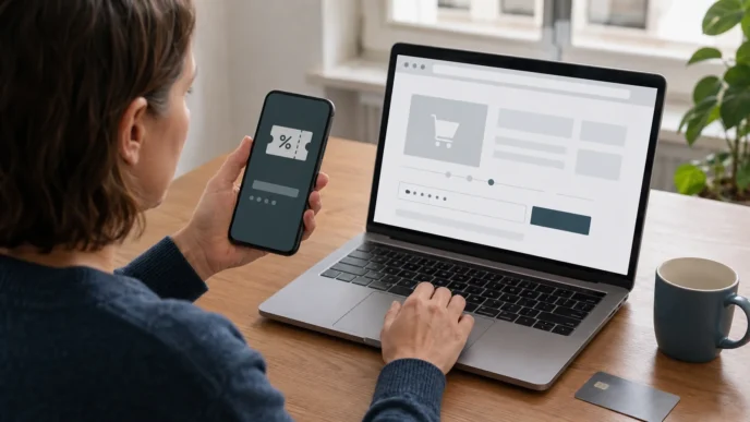 Kundin prüft einen Rabattcode nur im selbst geöffneten Shop