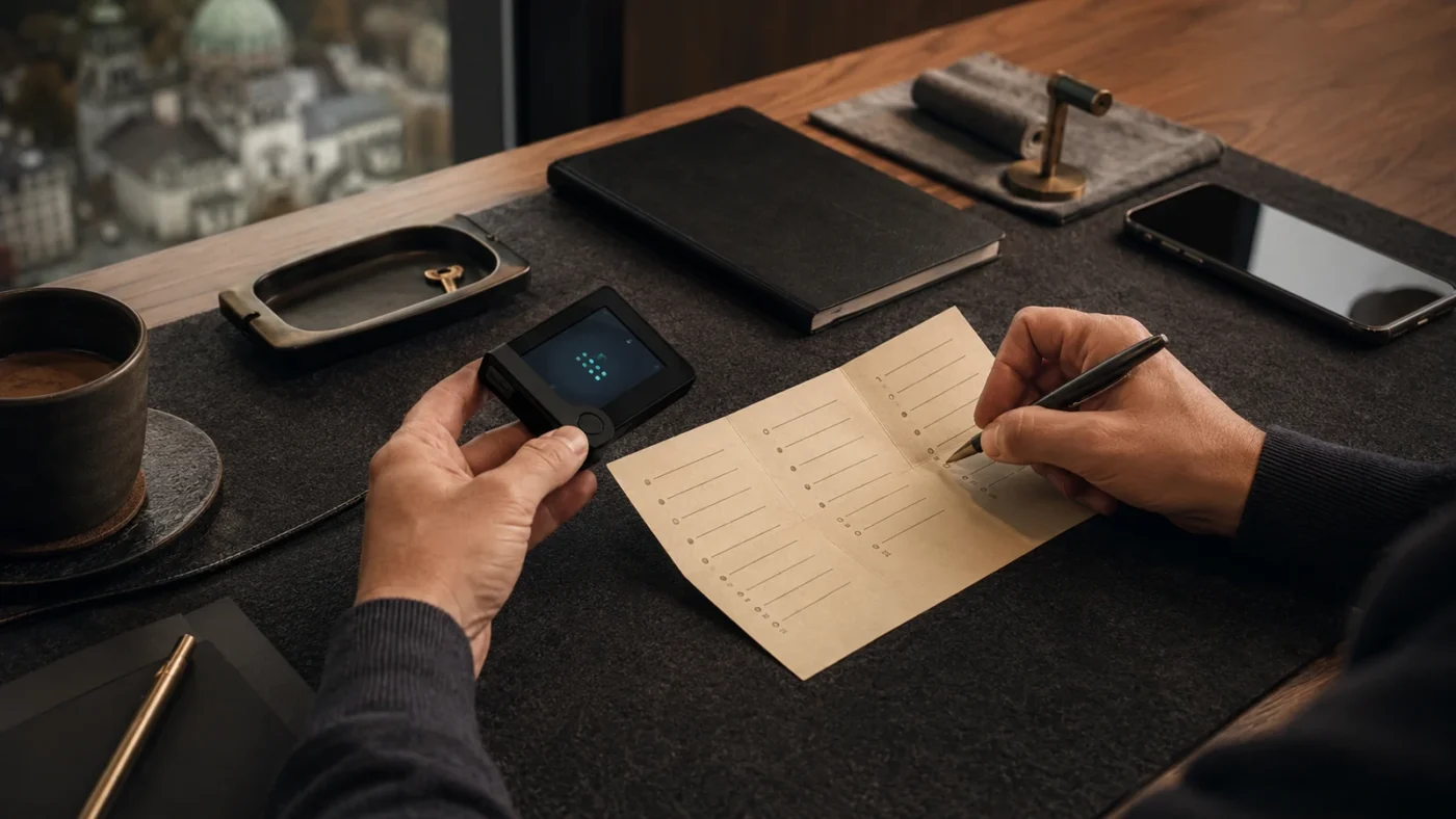 Redaktionelles Motiv zu hardware-wallet einrichten mit Fokus auf seed phrase ohne digitale kopie