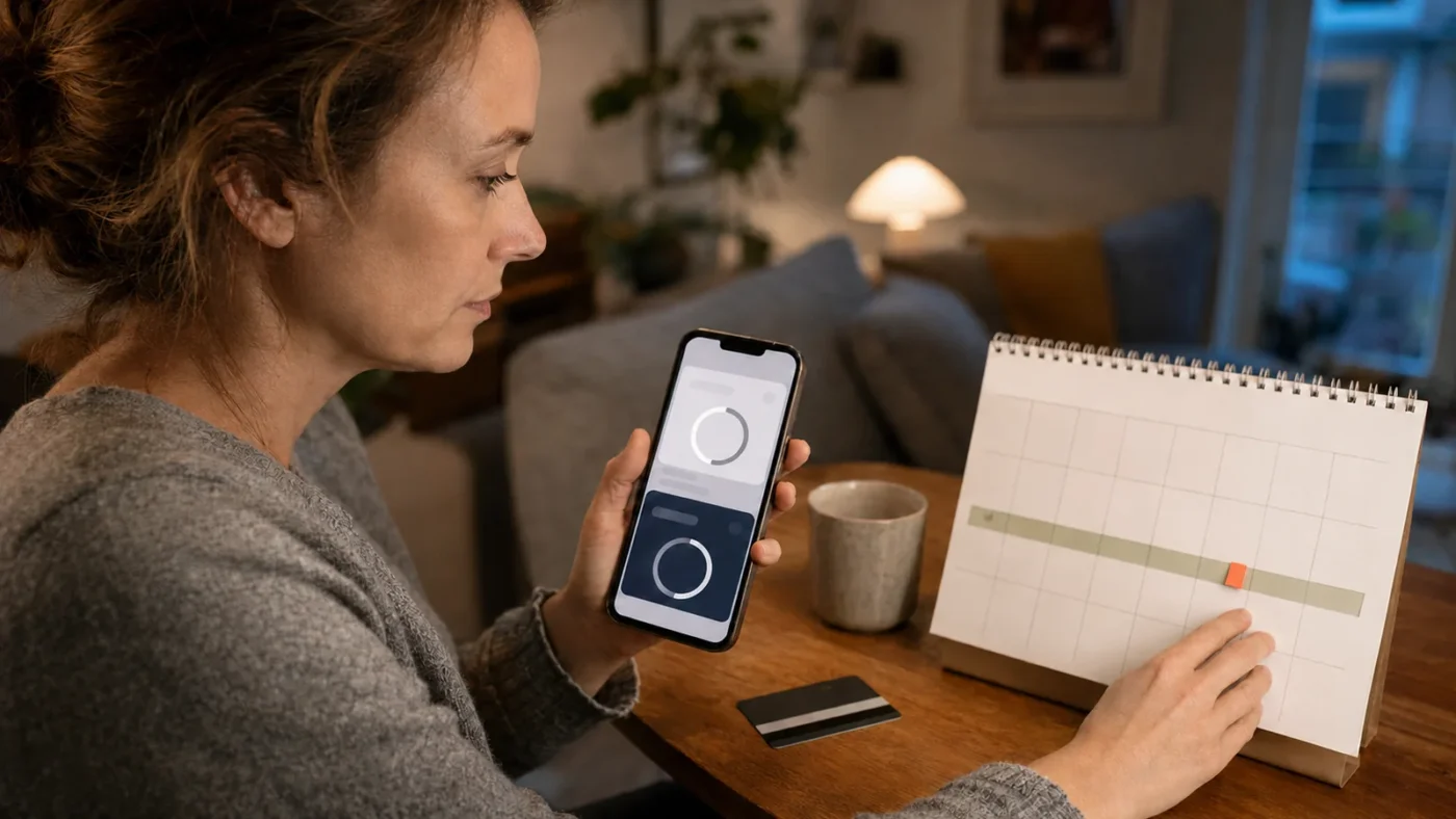 Verbraucherin prüft Testphase und Kündigungstermin am Smartphone