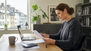 Arbeitnehmerin prüft Unterlagen für einen Lohnsteuer-Freibetrag