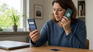 Empfängerin prüft eine Messenger-Nachricht über ein zweites Telefon
