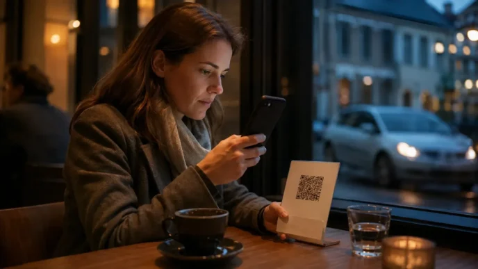 Verbraucherin prüft einen QR-Code vor dem Öffnen der Zielseite