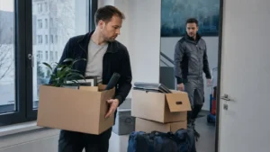 Berufstätiger packt Umzugskartons neben Arbeitsunterlagen