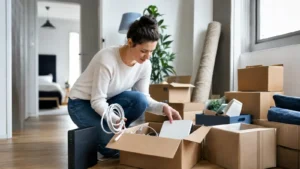 Frau packt Router und Kabel für den Wohnungswechsel ein