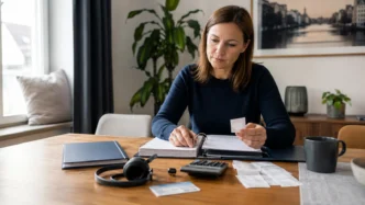 Arbeitnehmerin sortiert Belege für Fahrt, Fortbildung und Arbeitsmittel