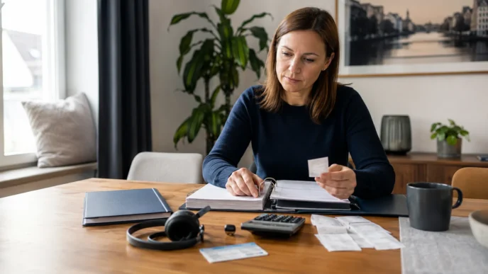 Arbeitnehmerin sortiert Belege für Fahrt, Fortbildung und Arbeitsmittel
